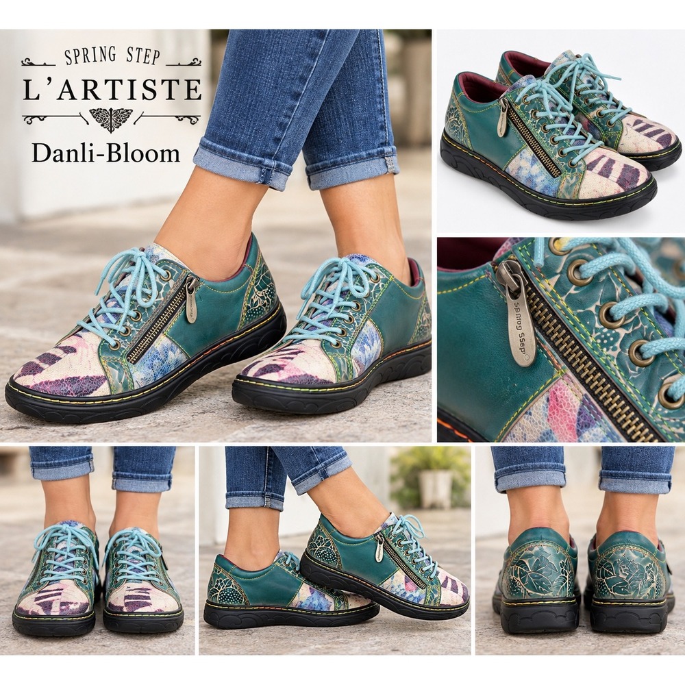 Spring Step L Artiste NWOT Danli-Bloom Teal Leather Floral Sneakers Side Zip 37